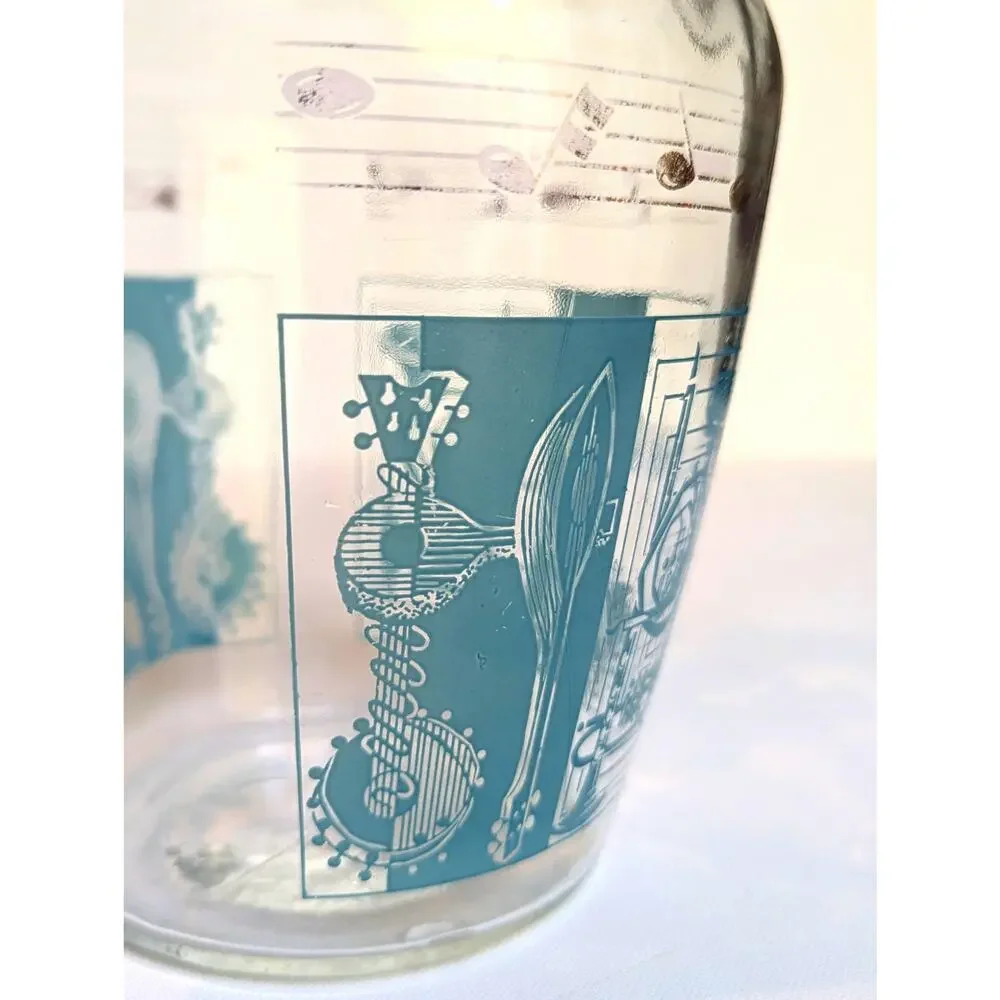 RARE Vintage MCM Glass Pitcher w/ Aqua & Gold Musical Instruments & Notes